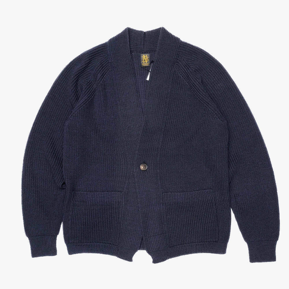 Front view of the Batoner Waso 1 Button Cardigan in Navy, showing the relaxed silhouette, single-button closure, and refined knit structure.