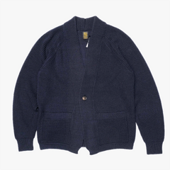 Front view of the Batoner Waso 1 Button Cardigan in Navy, showing the relaxed silhouette, single-button closure, and refined knit structure.