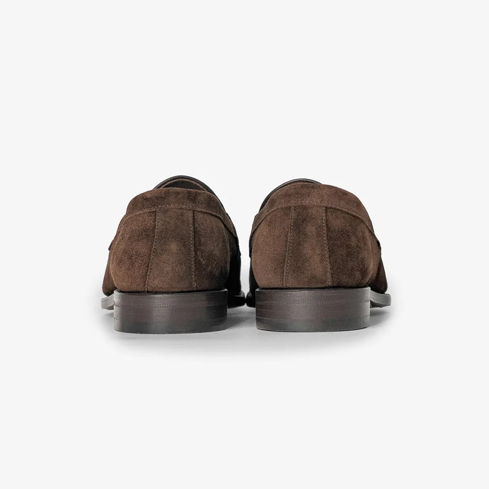 Berwick 5138 Penny Loafer in Repello Gum Oil 173 suede, back view highlighting welt and heel.