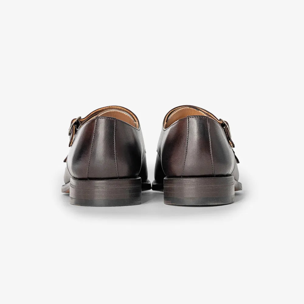 Berwick 5212 double monk shoe in dark brown Nomera leather, heel view.
