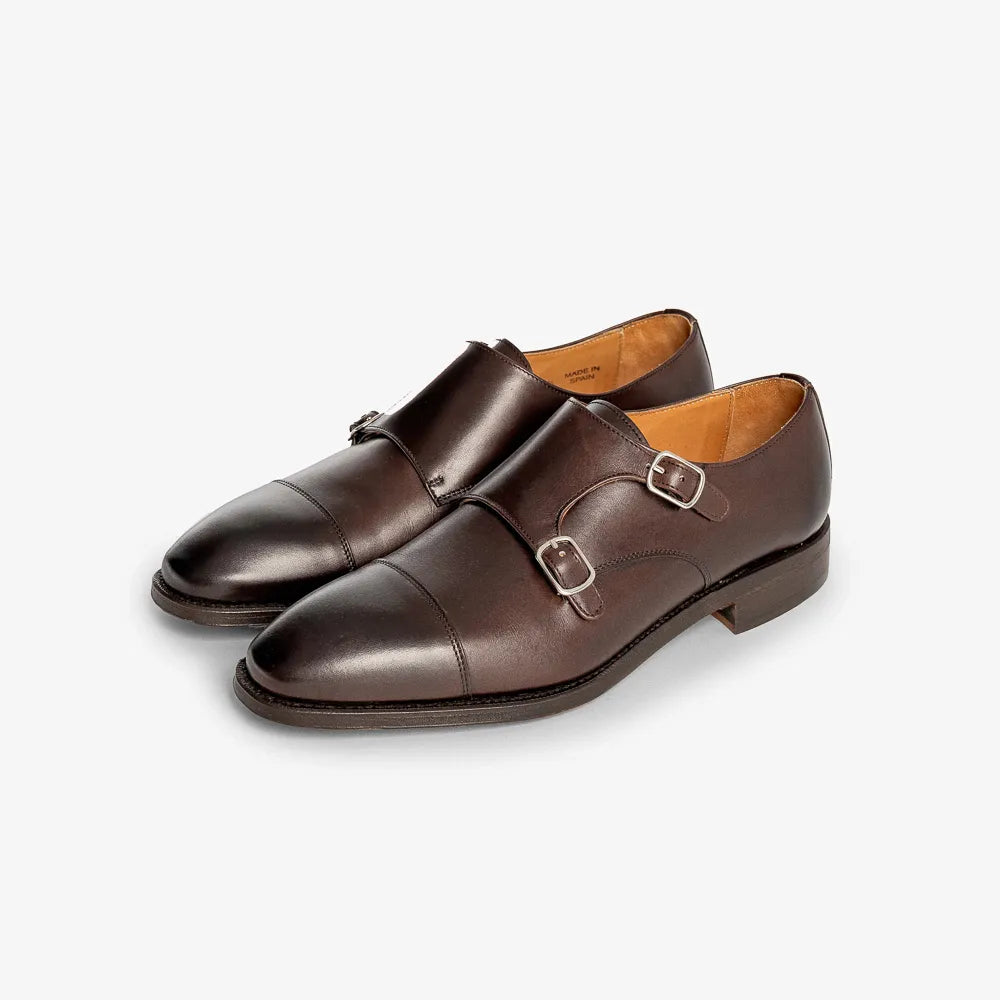 Berwick 5212 double monk shoe in dark brown Nomera leather, angled view