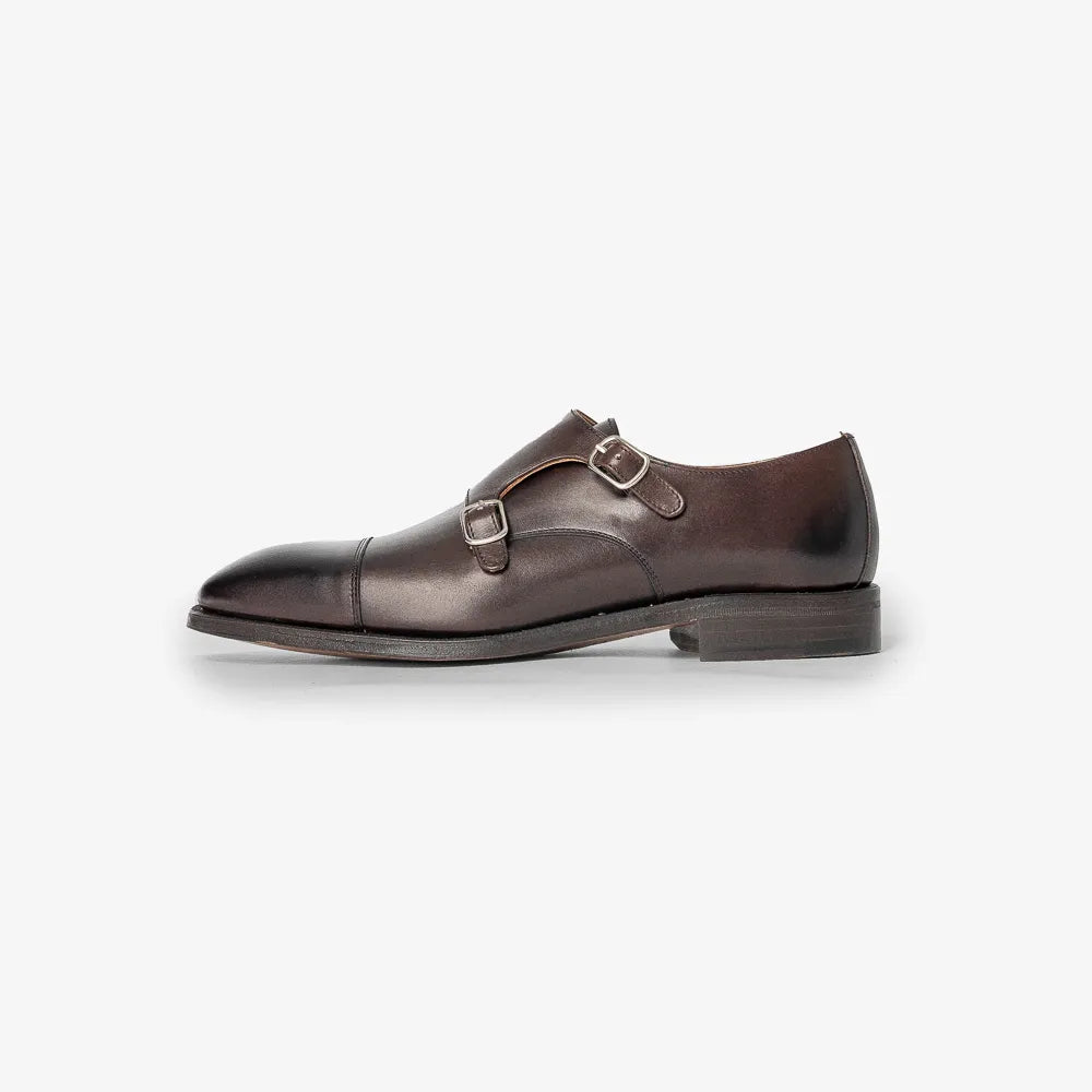 Berwick 5212 double monk shoe in dark brown Nomera leather, side profile.