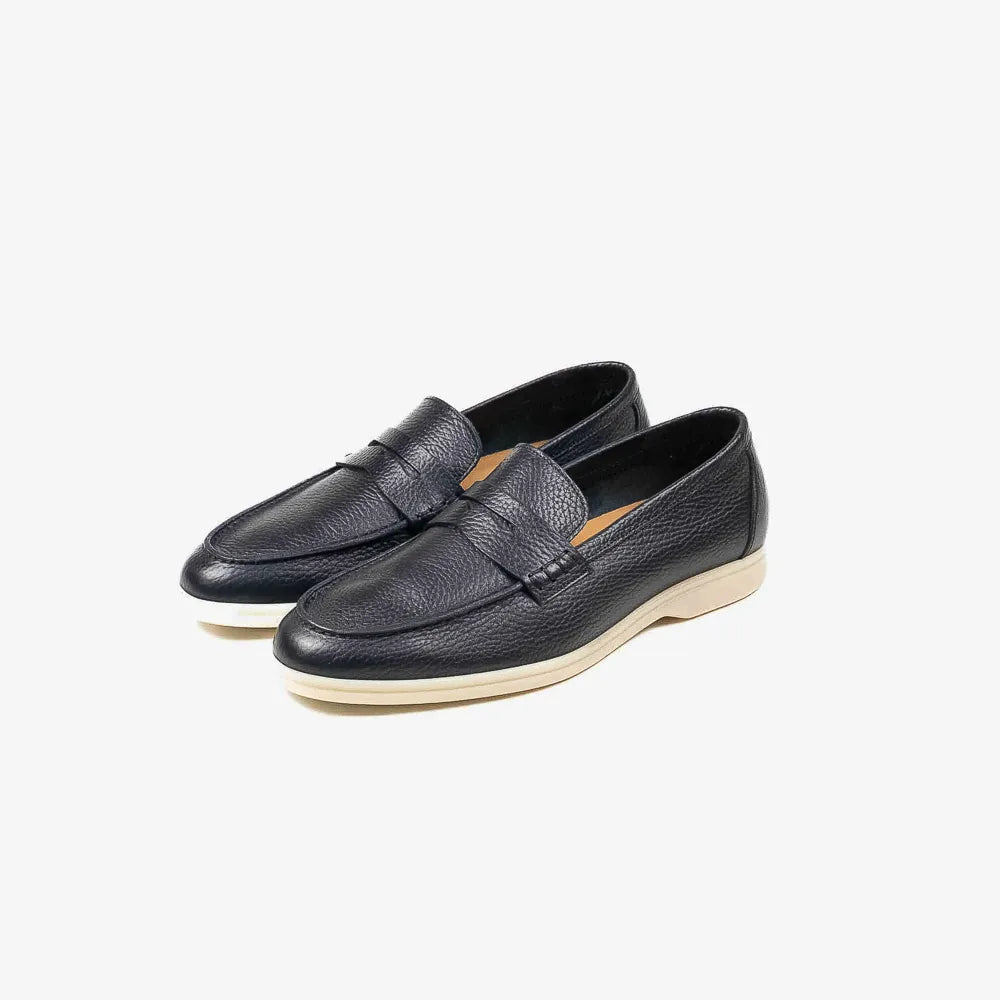 Berwick 5371 Flex Walk penny loafer in black deerskin, front angled view.