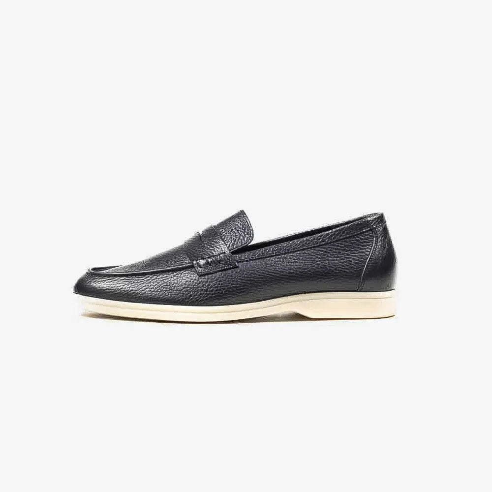 Berwick 5371 Flex Walk penny loafer in black deerskin, side profile.