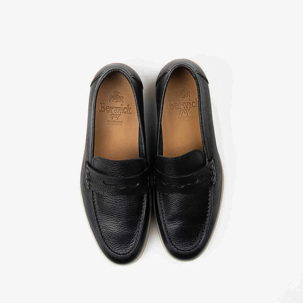 Berwick 5371 Flex Walk penny loafer in black deerskin, top view.