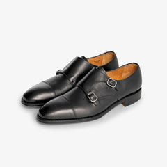 Berwick 5212 double monk shoe in black Chateaubriand leather, angled view.