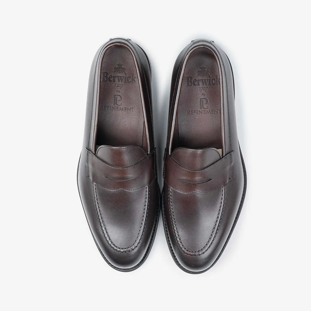 Berwick 5138 Penny Loafer in Nomera dark brown leather, top view of pair.