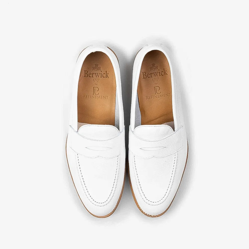 Berwick 5138 Penny Loafer in white grained leather, top view of pair.