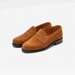 Berwick 5692 Penny Loafer in tobacco suede, angled front view.