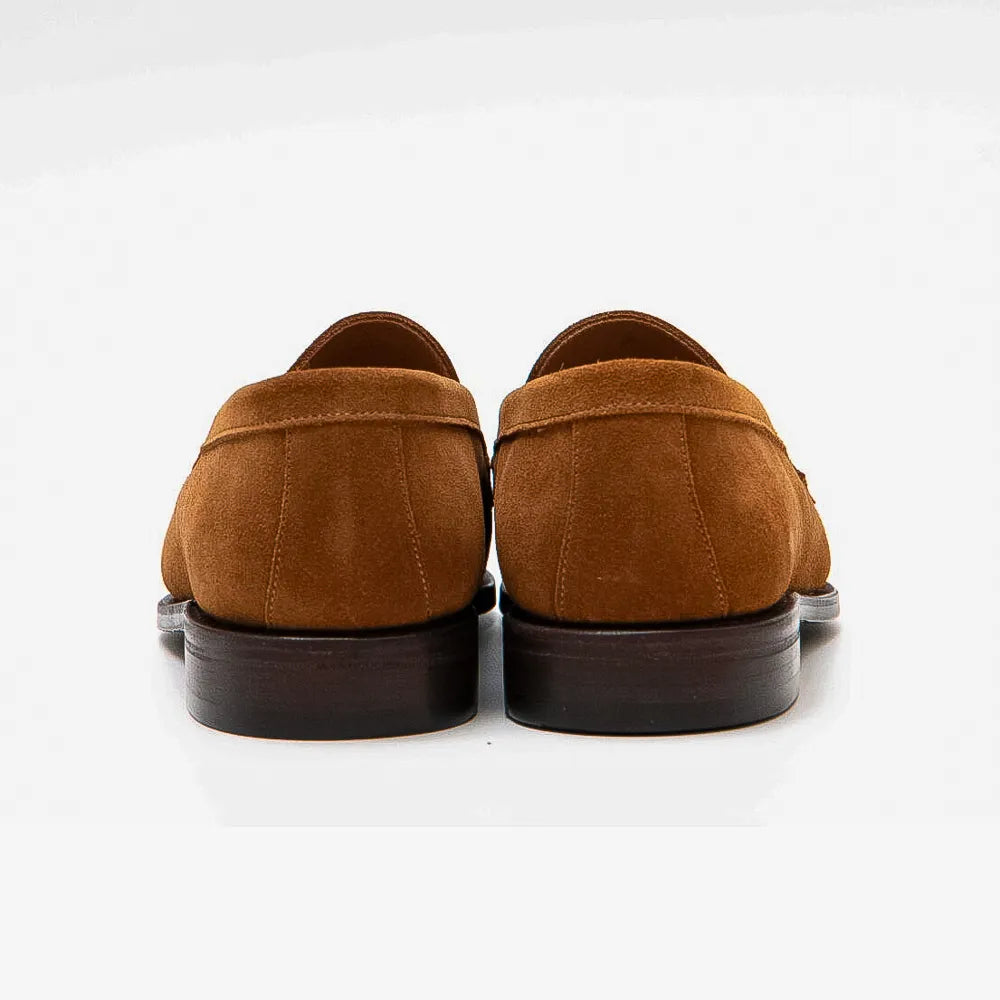 Berwick 5692 Penny Loafer in tobacco suede, heel view highlighting welt detail.