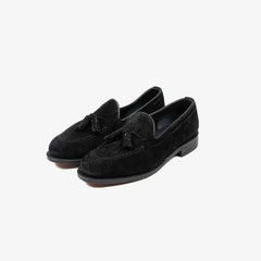 Berwick 5139 Tassel Loafer in black suede, angled front view showing tassel detail.