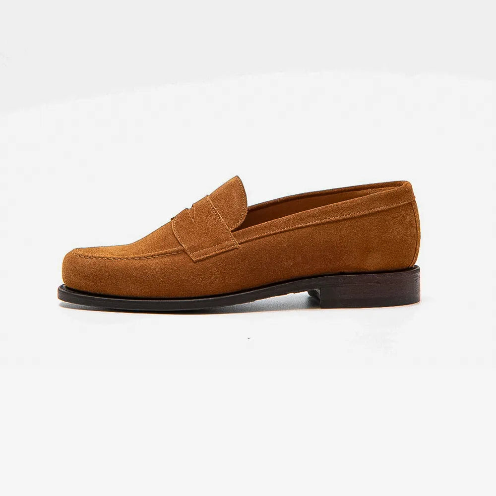 Berwick 5692 Penny Loafer in tobacco suede, side profile showing sleek shape.
