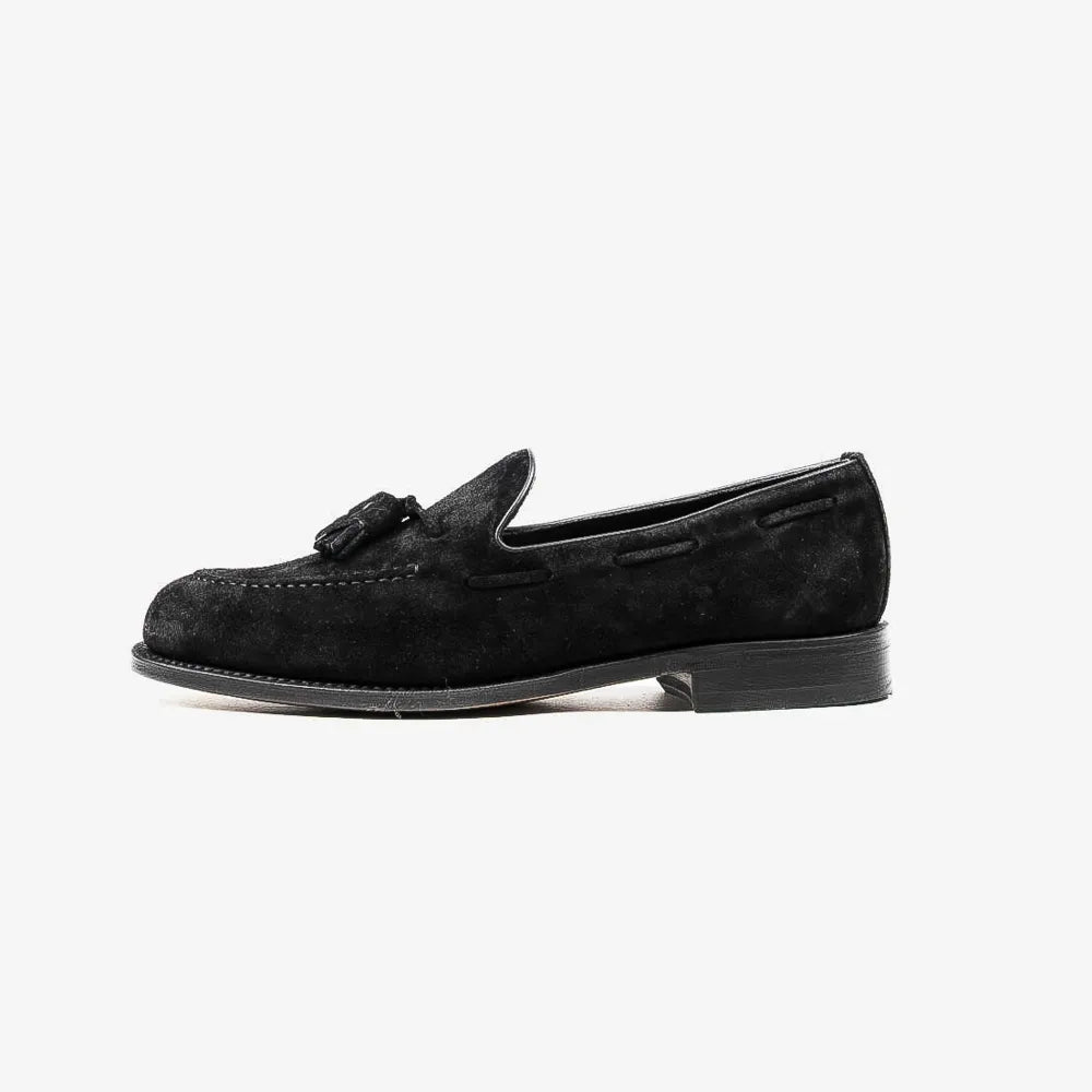 Berwick 5139 Tassel Loafer in black suede, side profile showing sleek silhouette.