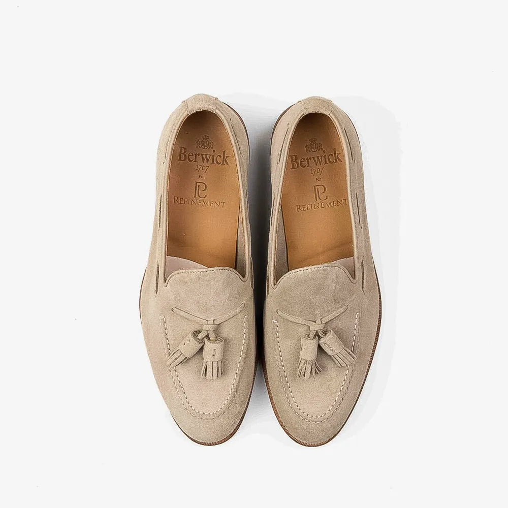 Berwick 5139 Tassel Loafer in gaucho suede, top view of pair with tassels visible.