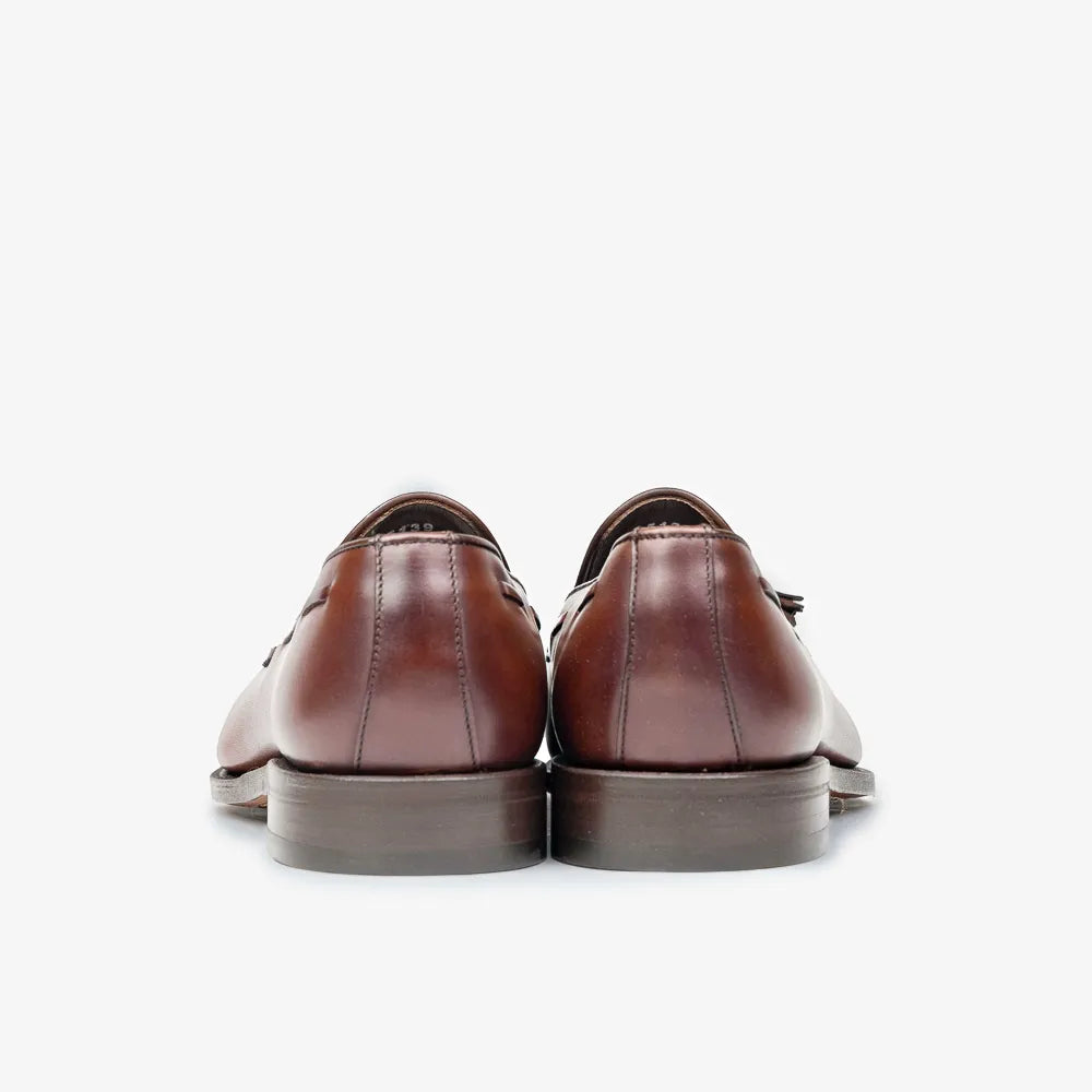 Berwick 5139 Tassel Loafer in Nomera medium brown leather, back view highlighting heel and welt.