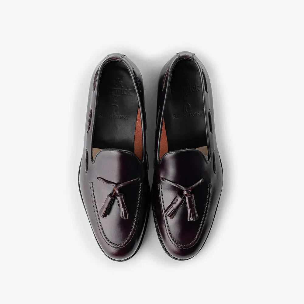 Berwick 5139 Tassel Loafer in Rois Cordovan leather, top view of pair with tassels visible.