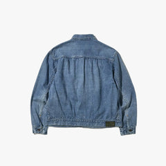 Back view of the Brú Na Bóinne Peter denim jacket AG showing the structured shape and balanced proportions.