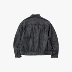 Back view of the Brú Na Bóinne Peter denim jacket in black showing the structured shape and balanced proportions.