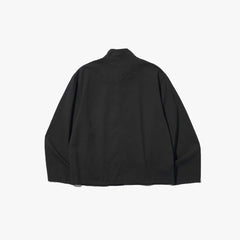 Back view of the Brú Na Bóinne Sapiens cloth jacket in black showing the relaxed structure and minimal detailing.