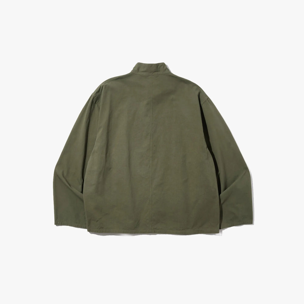 Back view of the Brú Na Bóinne Sapiens cloth jacket in khaki green showing the relaxed structure and minimal detailing.