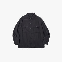 Front view of the Brú Na Bóinne silk military shirt in black featuring a clean silhouette and utilitarian design.
