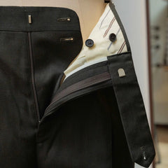 Close-up of the waistband button on the Calsa Nagasaki Trousers Covert Dark Green