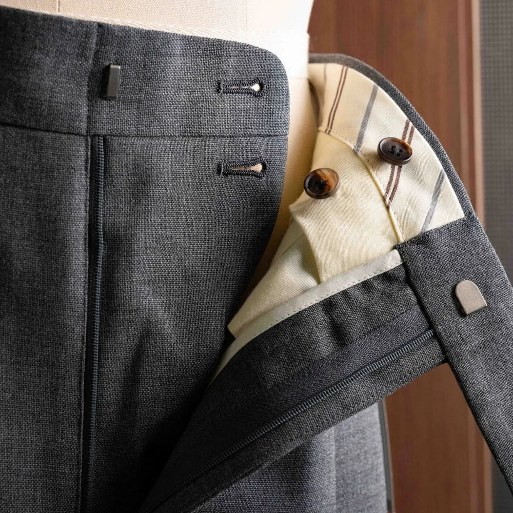 Close-up of the waistband button on the Calsa Nagasaki Trousers Grey