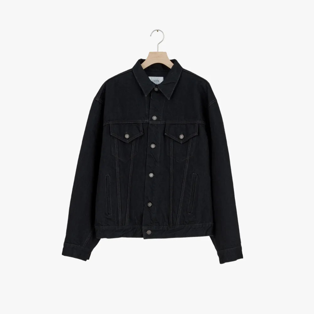 Front view of the Ciota New 4 Pockets Denim Jacket Black One Wash showing the four-pocket layout, structured silhouette, and deep black one-wash denim tone.