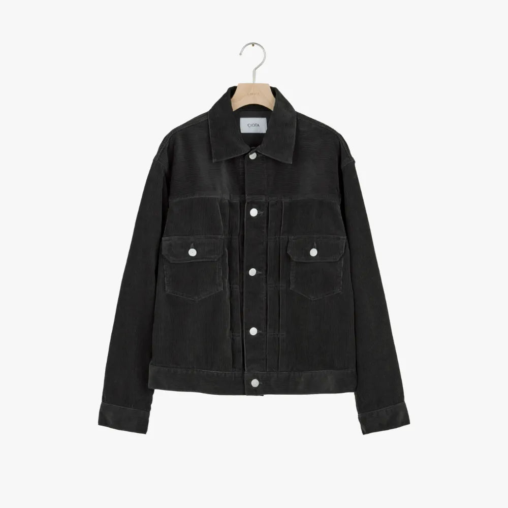 Front view of the Ciota Double Pocket Corduroy Jacket One Wash Charcoal Gray showing the structured silhouette, double chest pockets, and washed charcoal corduroy texture.