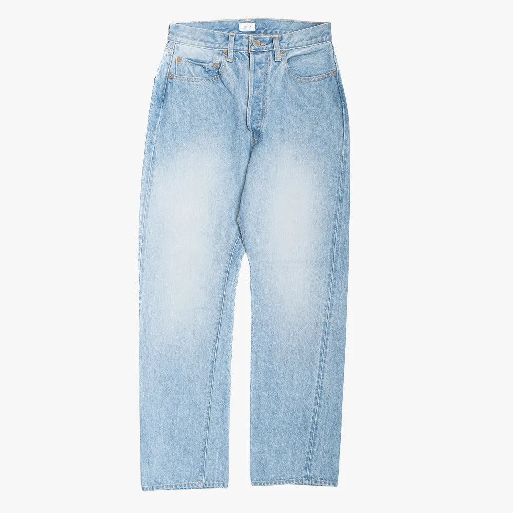 Front view of the Ciota denim for Refinement in light blue damage featuring a relaxed straight silhouette and distressed finish.