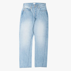 Front view of the Ciota denim for Refinement in light blue damage featuring a relaxed straight silhouette and distressed finish.