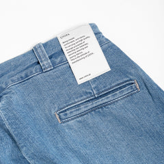 Close-up of the back pocket showing stitching lines, pocket shape, and wear pattern.