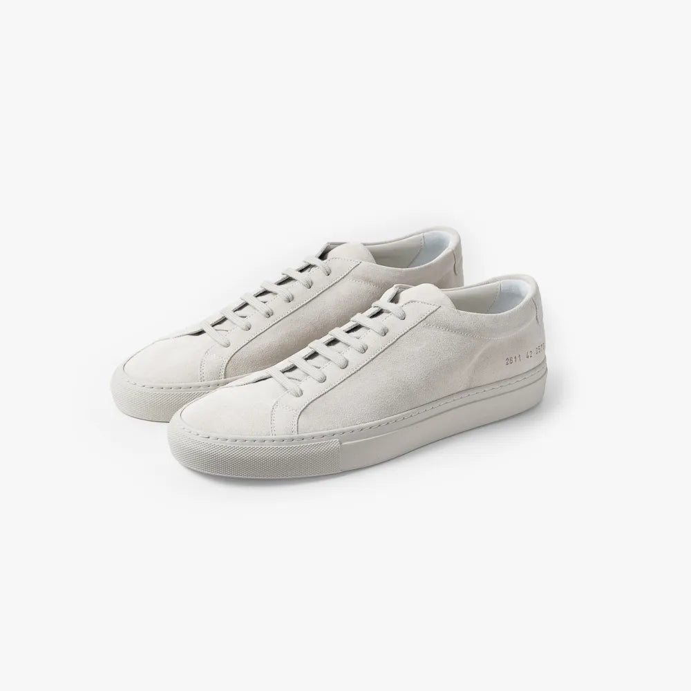 Common Projects Achilles Premium In Suede 2611 Light Gray 0573 Angled Pair View