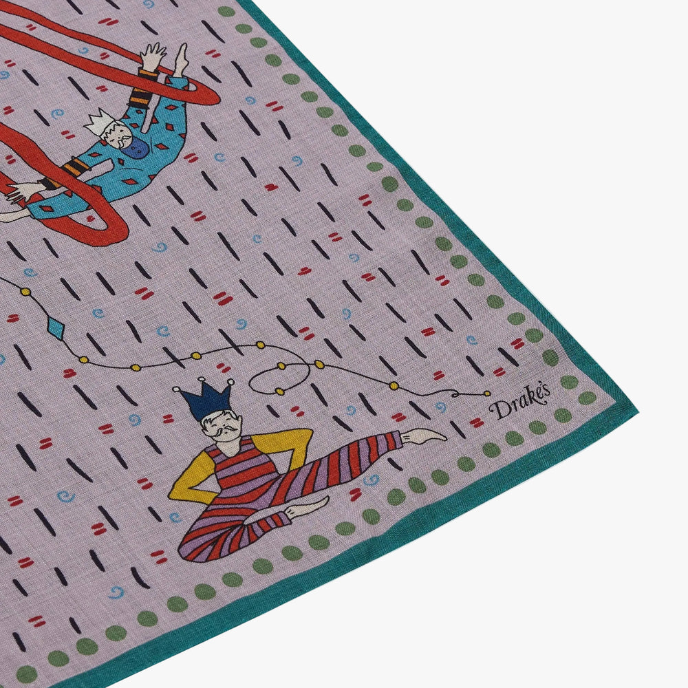 Drake’s Acrobat Print Wool-Silk Bandana Lilac Brand Label Detail