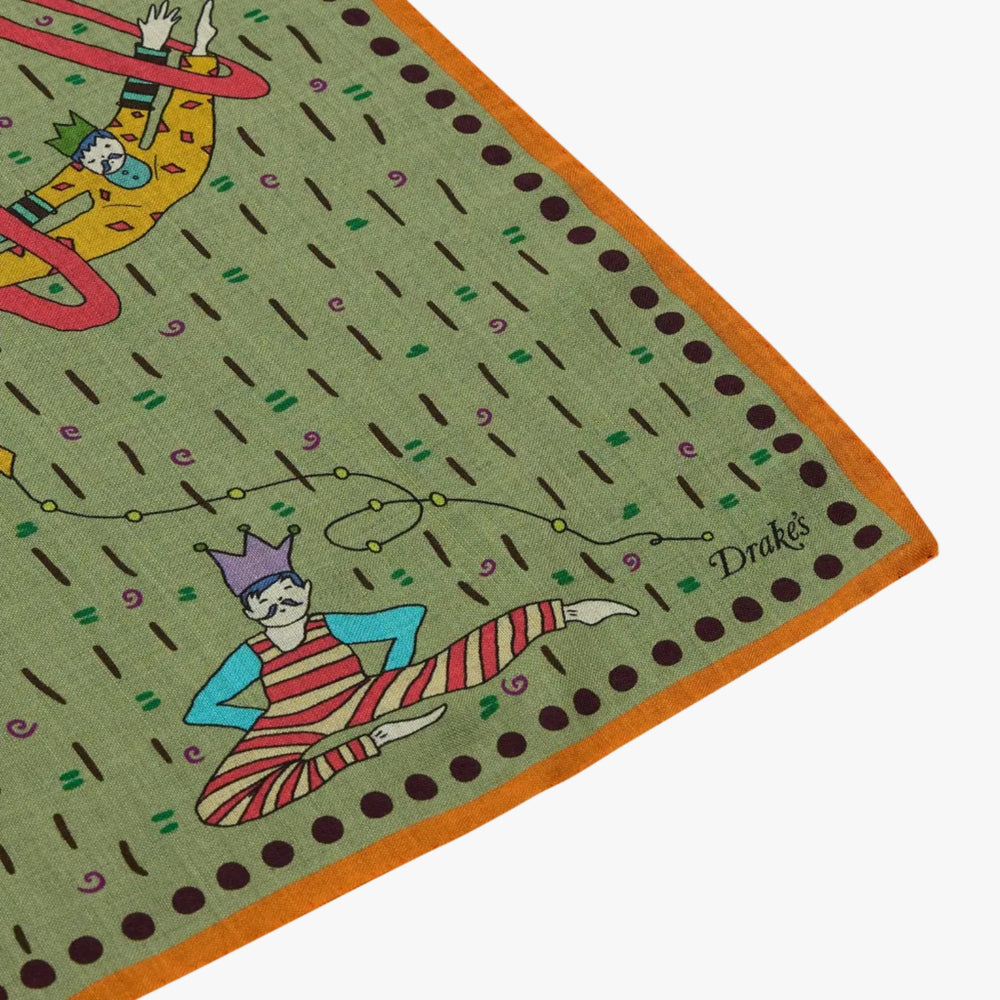 Drake’s Acrobat Print Wool-Silk Bandana Olive Brand Label Detail