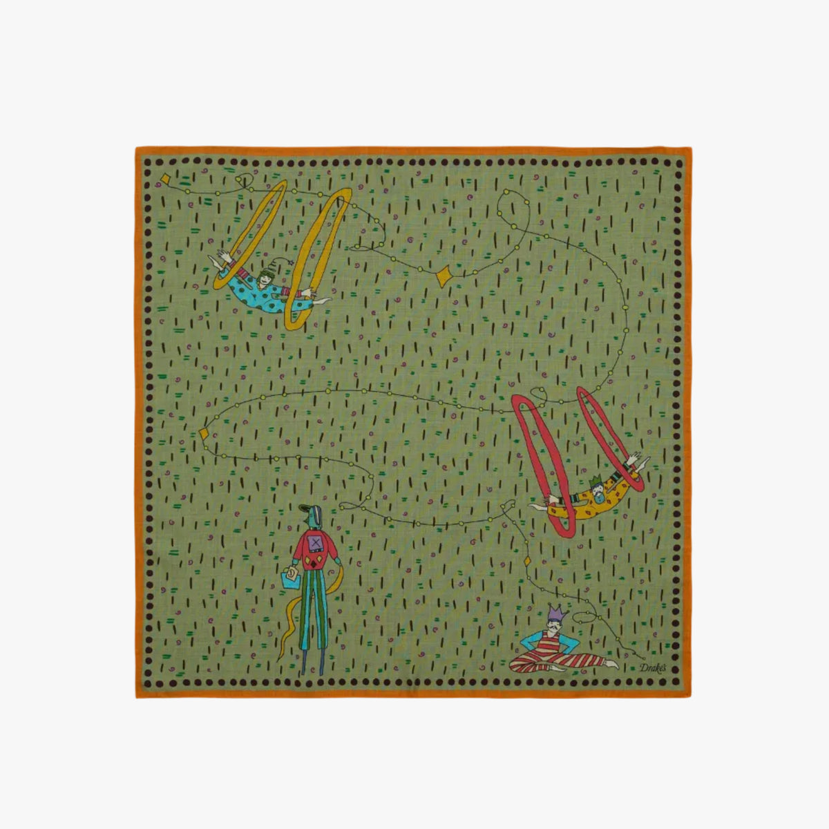 Drake’s Acrobat Print Wool-Silk Bandana Olive Full View