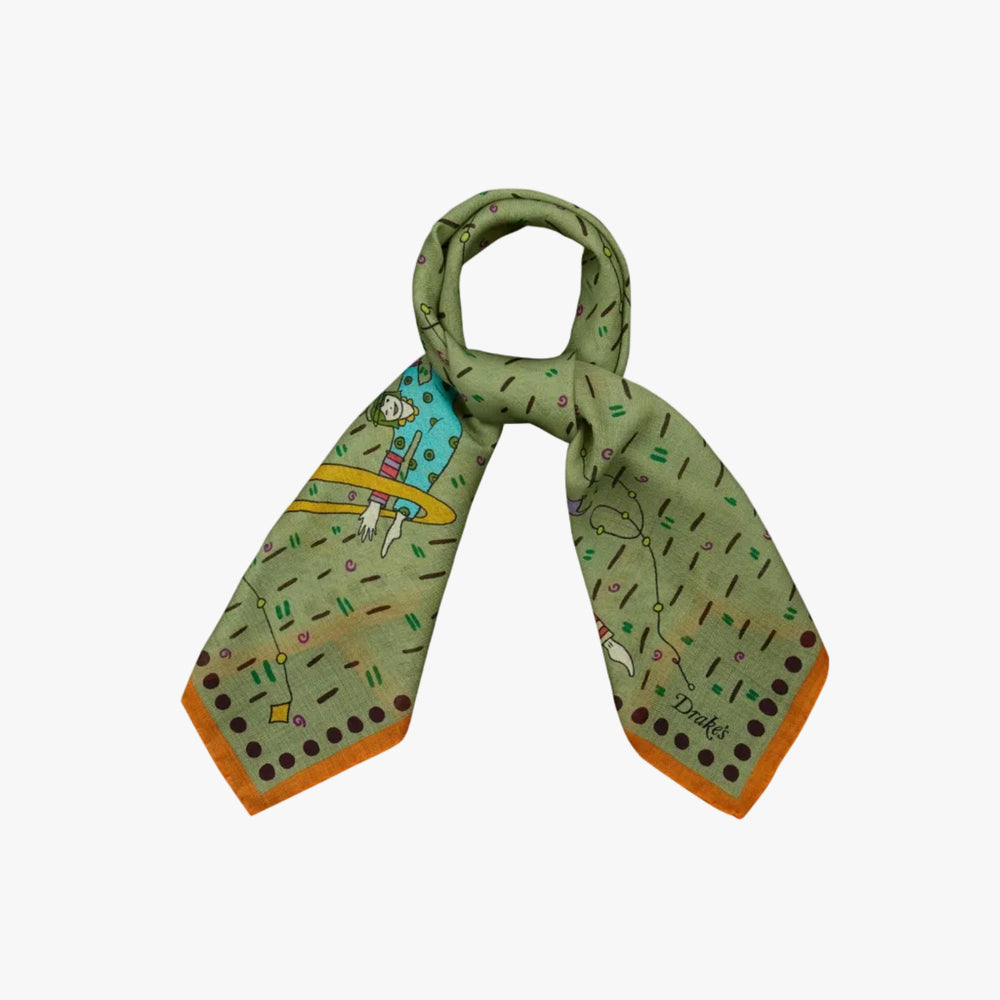 Drake’s Acrobat Print Wool-Silk Bandana Olive Print Detail