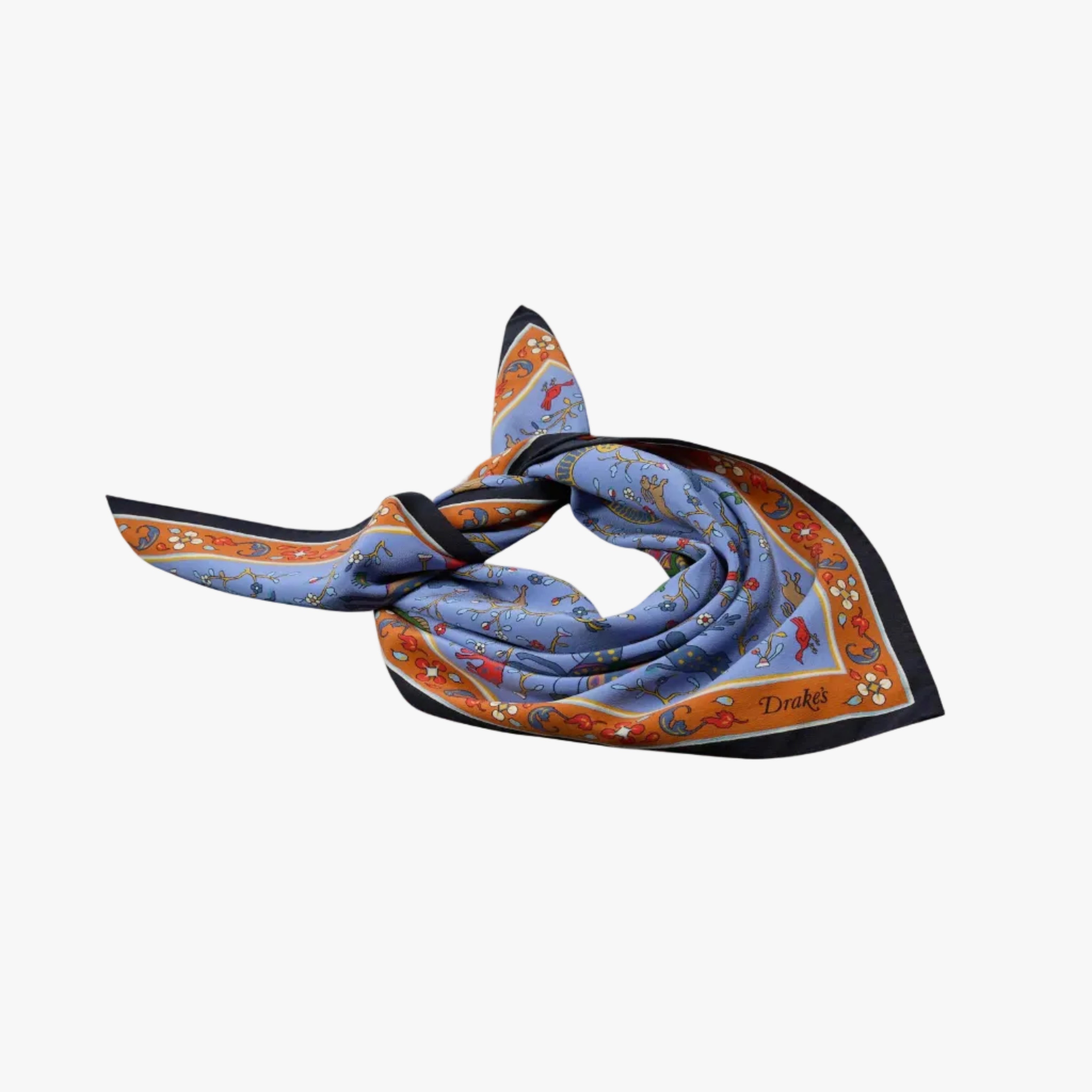 Drake’s Animals and Flowers Print Silk Bandana Blue Border Detail