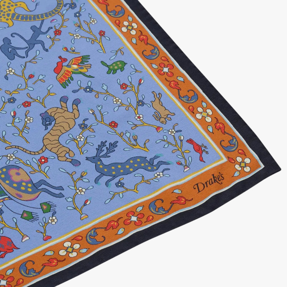 Drake’s Animals and Flowers Print Silk Bandana Blue Brand Label Detail