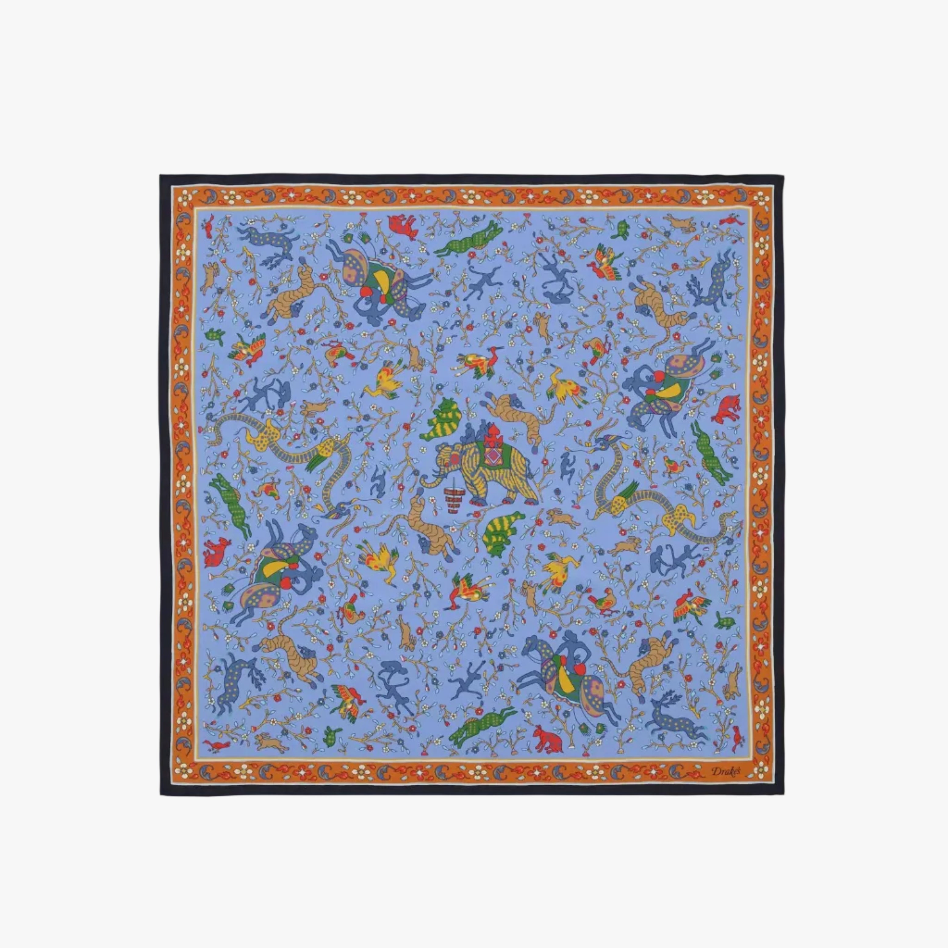 Drake’s Animals and Flowers Print Silk Bandana Blue Full View