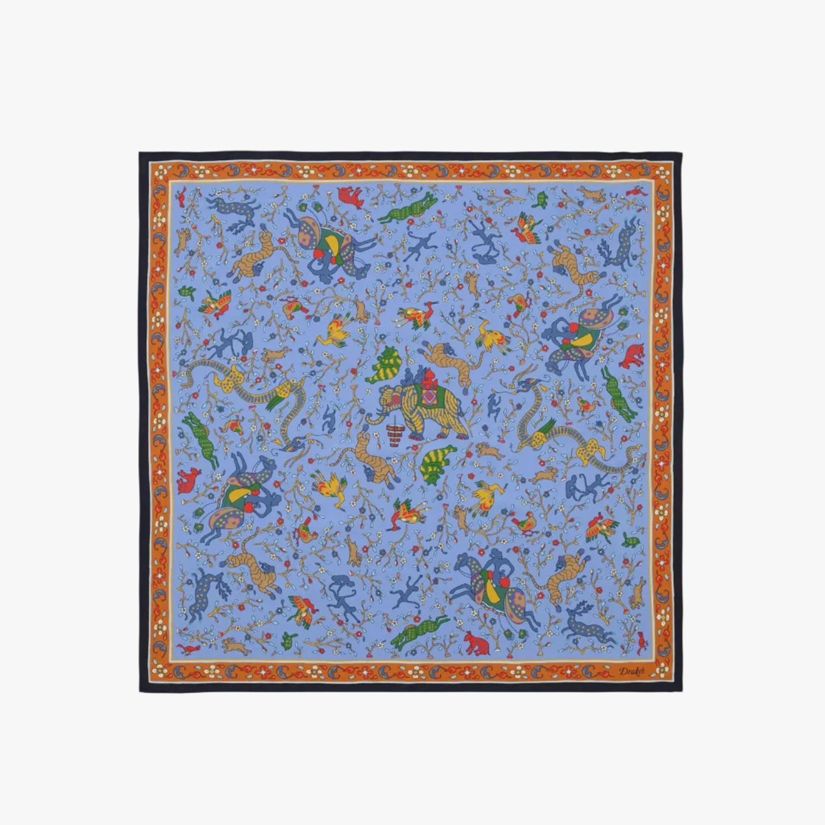 Drake’s Animals and Flowers Print Silk Bandana Blue Full View