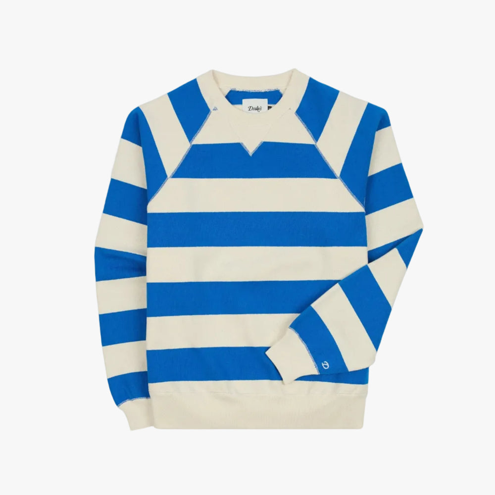 Drake’s Blue and Antique White Stripe Cotton Raglan Sweatshirt Front View