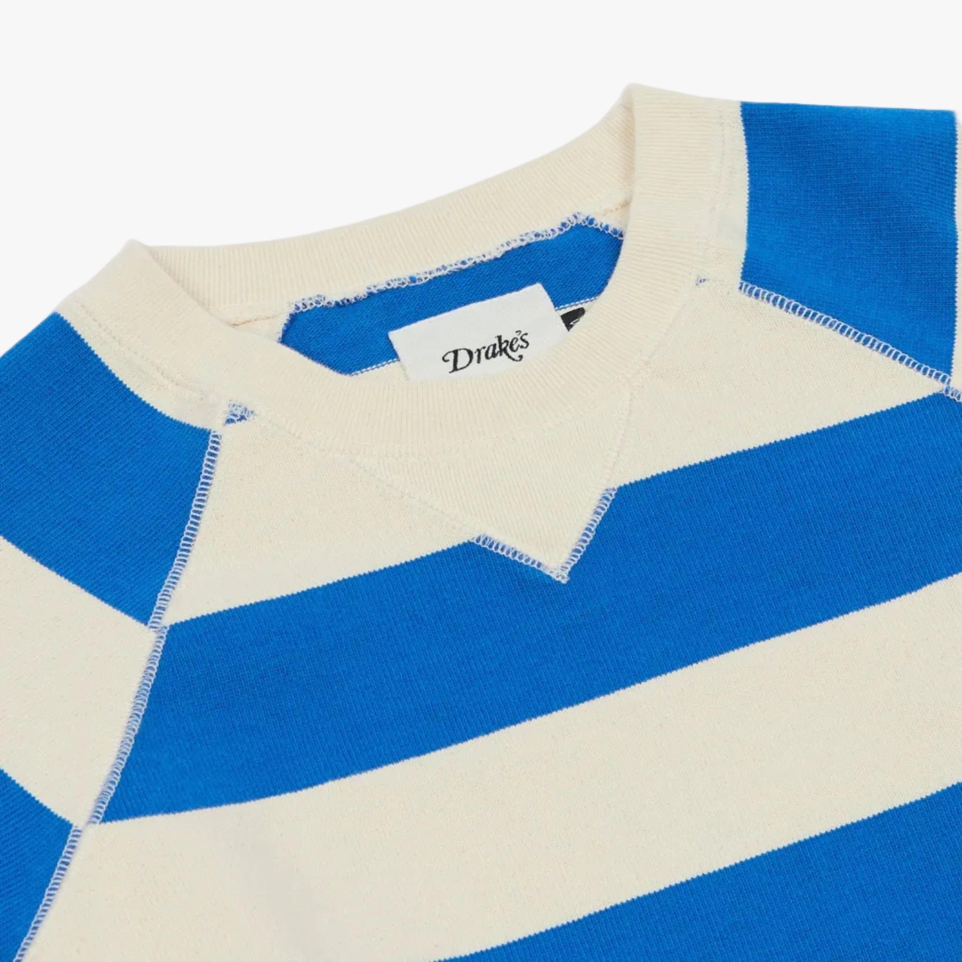 Drake’s Blue and Antique White Stripe Cotton Raglan Sweatshirt Neck Detail