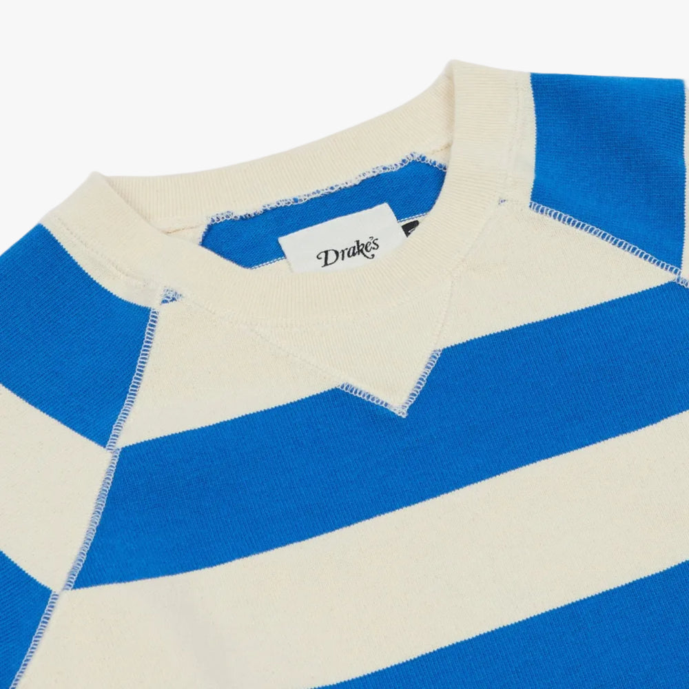 Drake’s Blue and Antique White Stripe Cotton Raglan Sweatshirt Neck Detail