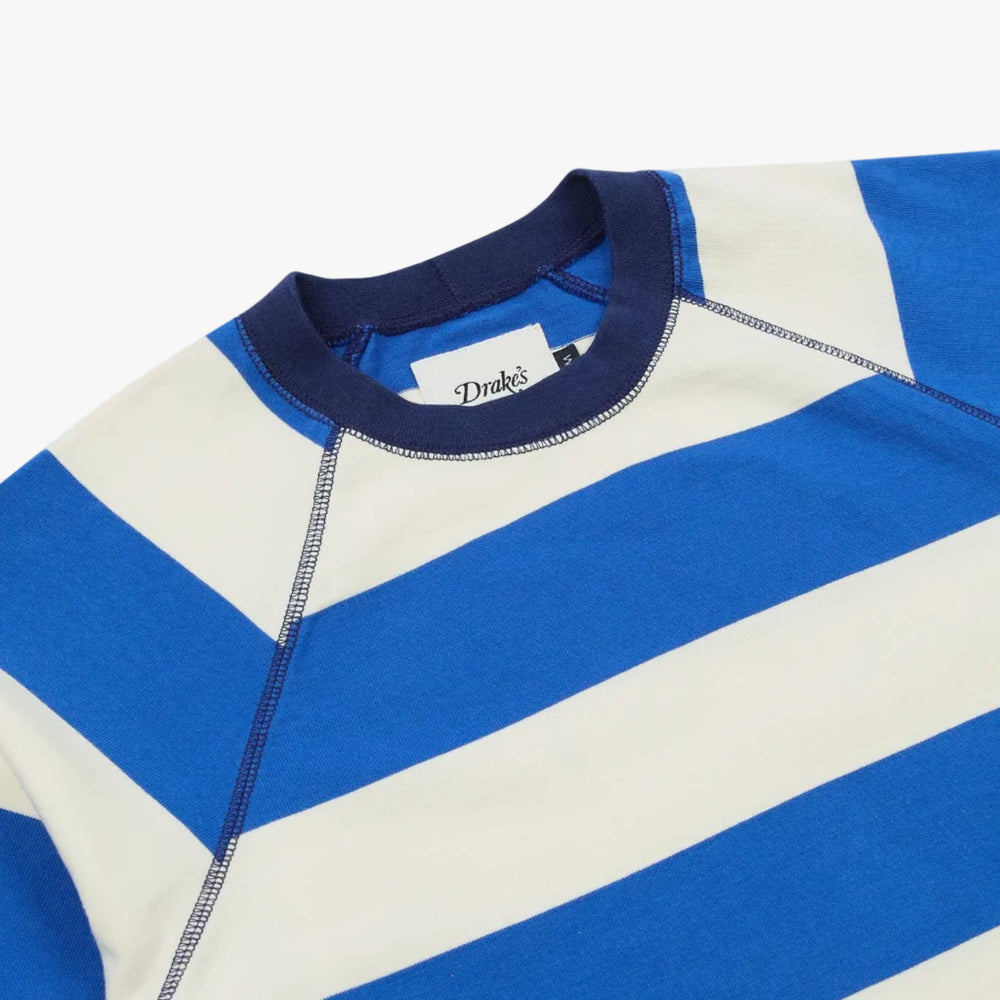 Drake’s Blue and White Stripe Raglan Sleeve Hiking T-Shirt Neck Detail