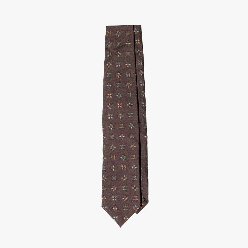 Drake’s Flower Medallion Wool Silk Tie Brown Full View