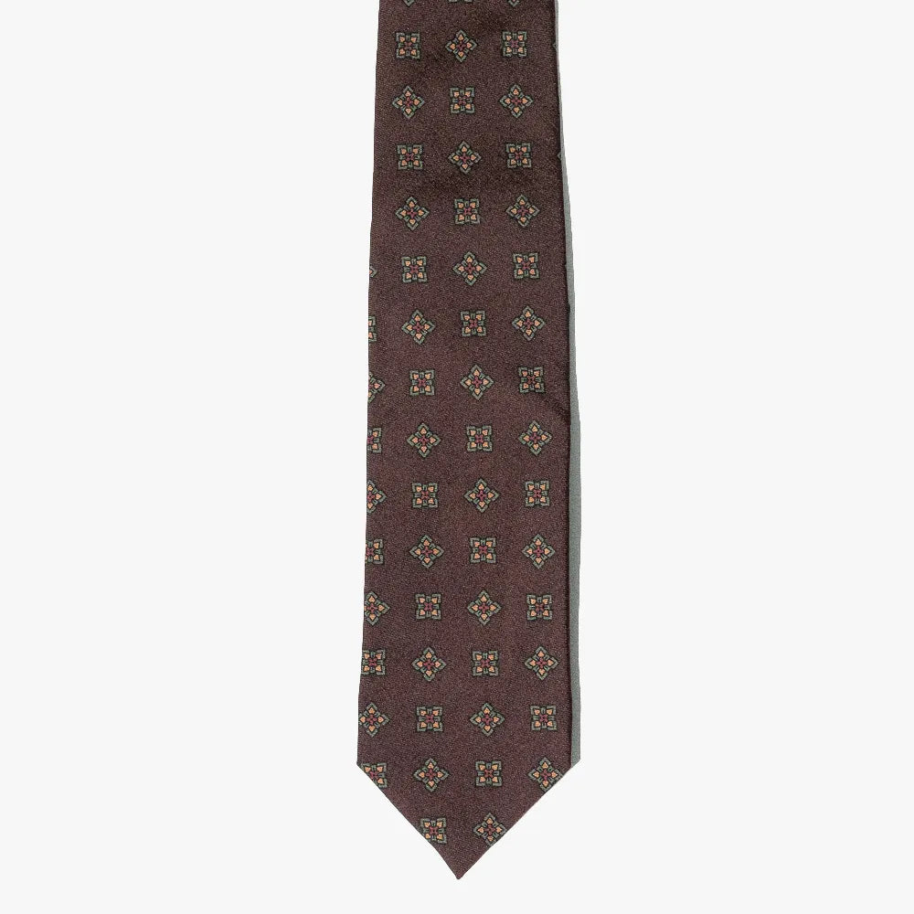 Drake’s Flower Medallion Wool Silk Tie Brown Medallion Pattern Detail