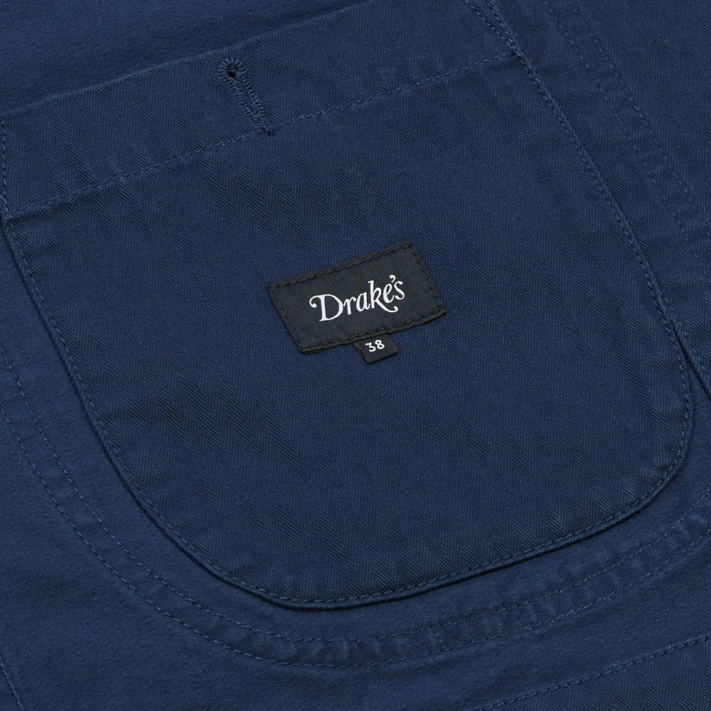 Drake’s French Blue Herringbone Cotton Artist Chore Jacket Brand Label Detail