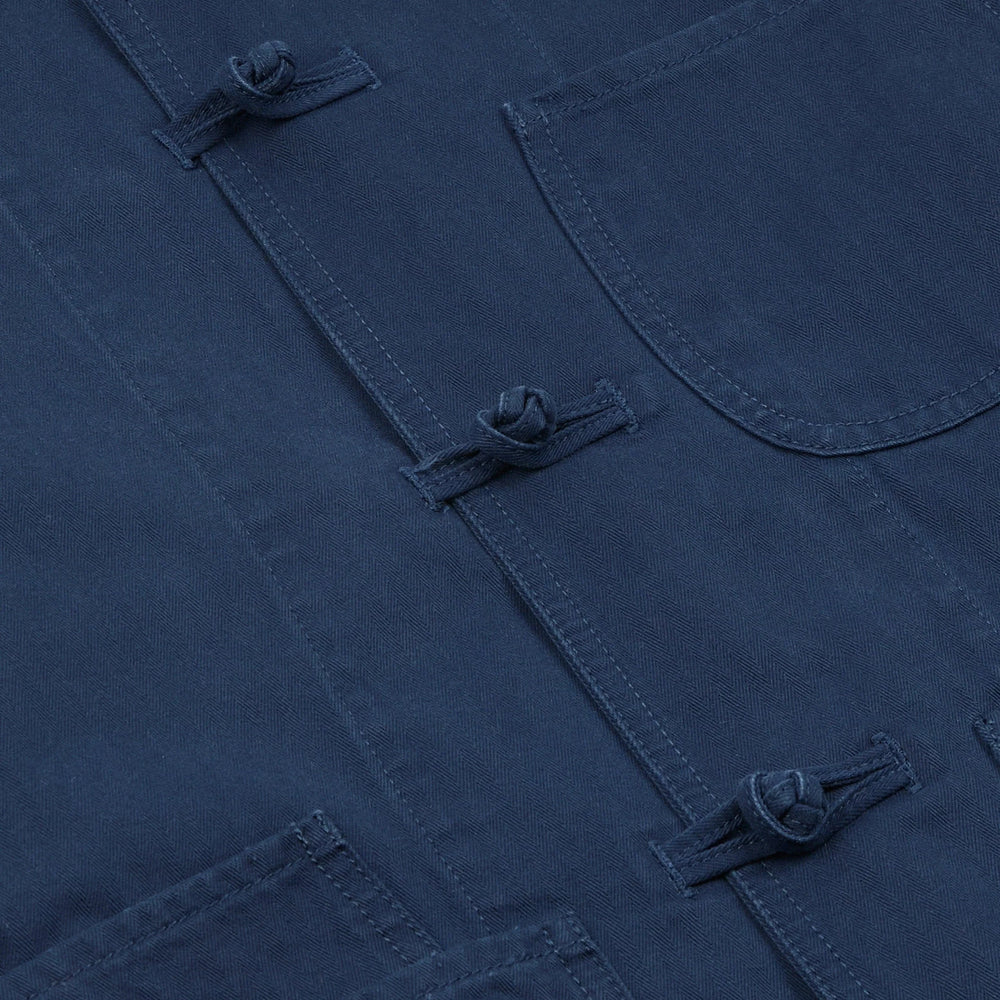 Drake’s French Blue Herringbone Cotton Artist Chore Jacket Button Detail