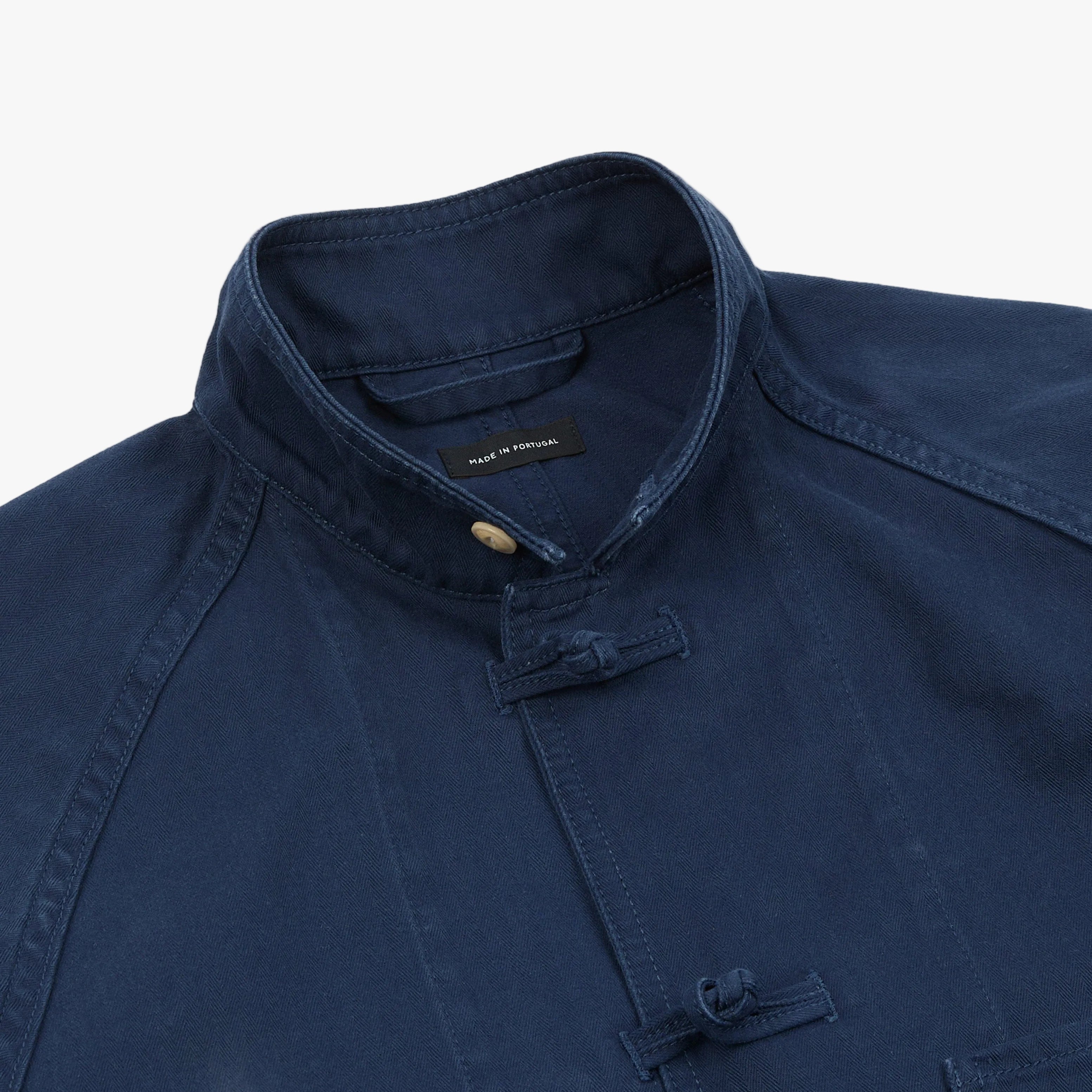 Drake’s French Blue Herringbone Cotton Artist Chore Jacket Collar Detail